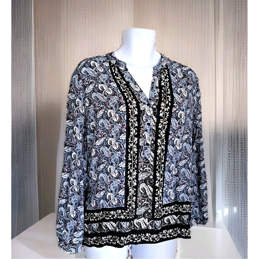 Cato Women XL Top Blue Paisley Roll Tab Sleeve Button Front Boho Peasant Tunic